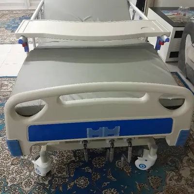 Hospital bed with an overbed table on a living-room carpet